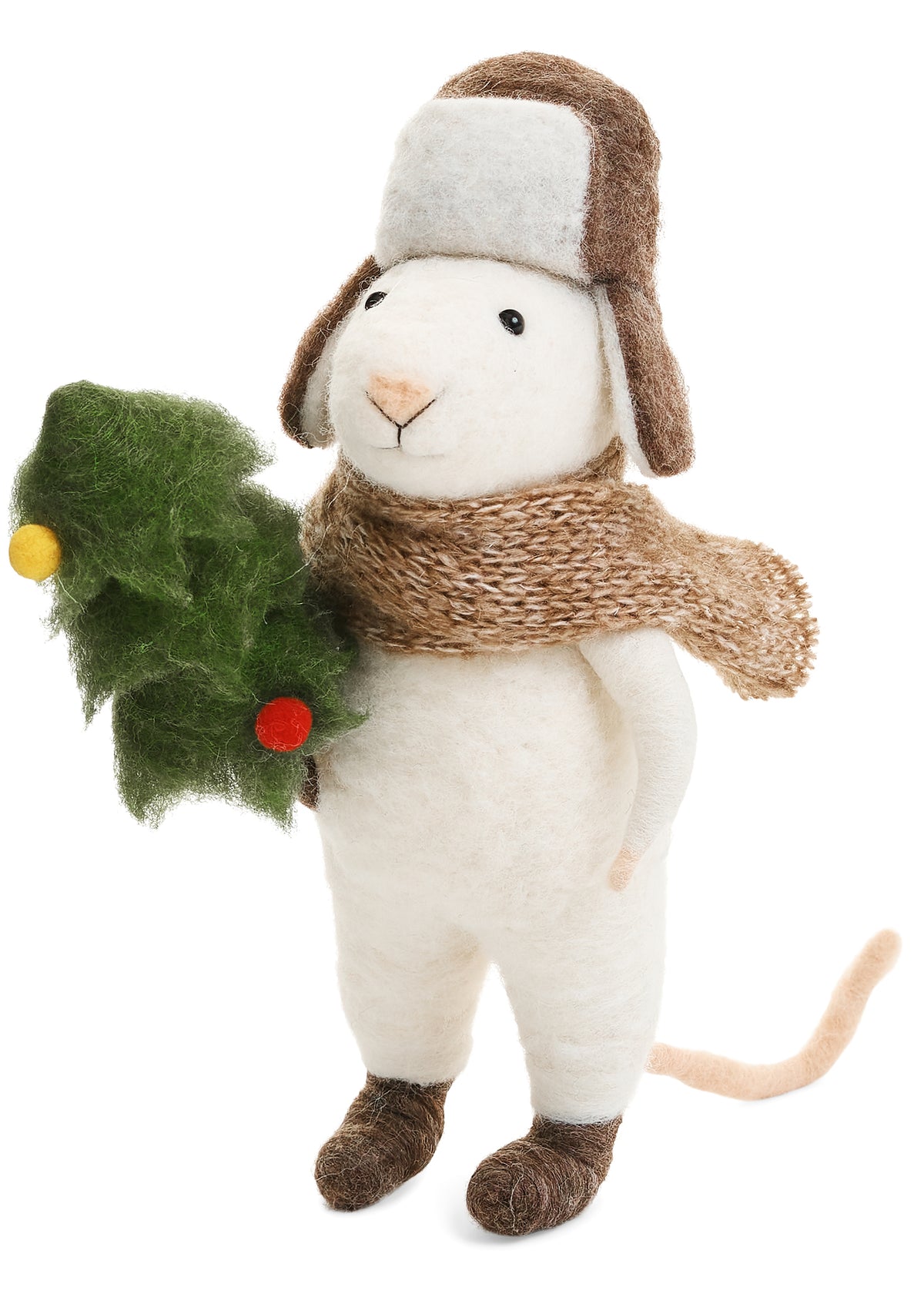 Wool Mouse Figure with Christmas Tree, The photo shows a standing white felted mouse figure in a brown and white trapper hat and brown knit scarf, holding a small green felt Christmas tree with a yellow bead and a red berry.