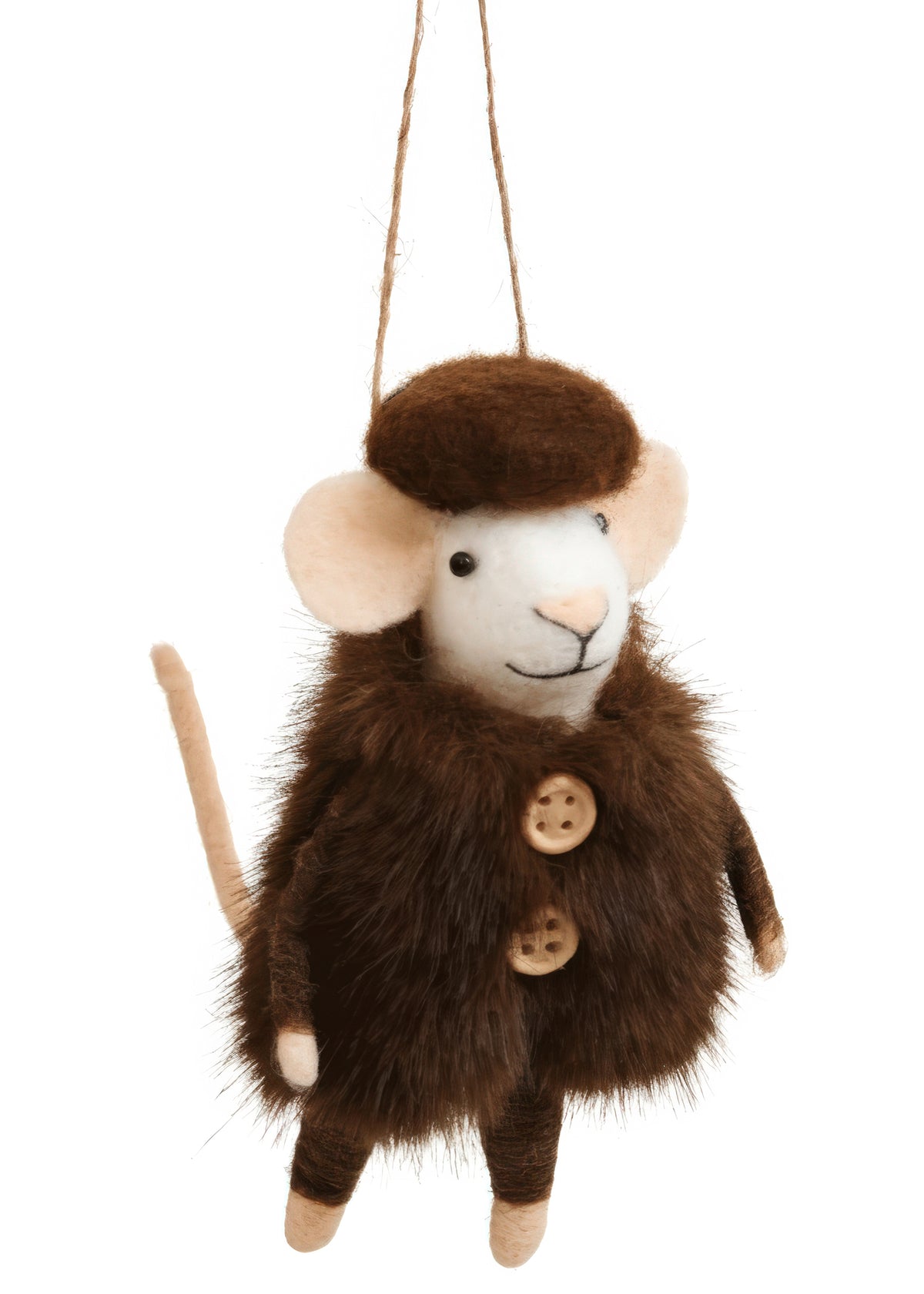 Wool Mouse Ornament in Faux Fur Coat and Hat, The photo shows a white felted mouse ornament in a brown faux fur coat with two round buttons and a matching brown beret-style hat.