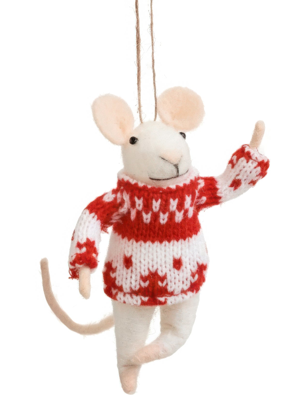 Wool Mouse Ornament in Red and White Sweater, A white felted mouse ornament wearing a red and white knit sweater with a Nordic pattern, one paw raised in a wave, hanging from a jute loop.