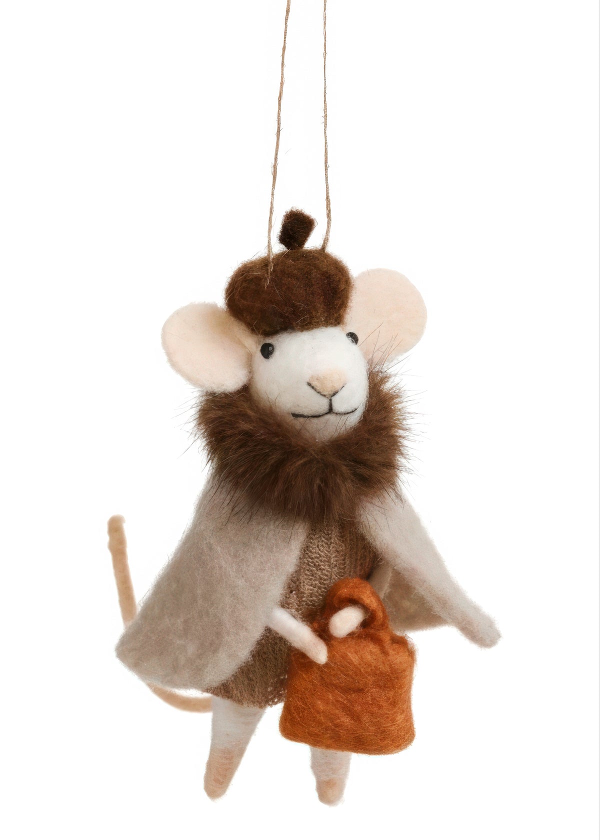 Wool Mouse Ornament with Cape and Hat, The photo shows a white felted mouse ornament in a beige cape with a brown faux fur collar, a brown beret, and a small rust felt handbag.