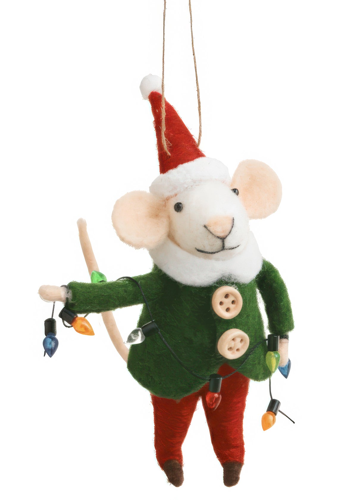 Wool Mouse Ornament with Christmas Lights, A white felted mouse ornament wearing a red Santa hat and green jacket, holding a string of multicolor Christmas lights in both paws, hanging from a jute loop.