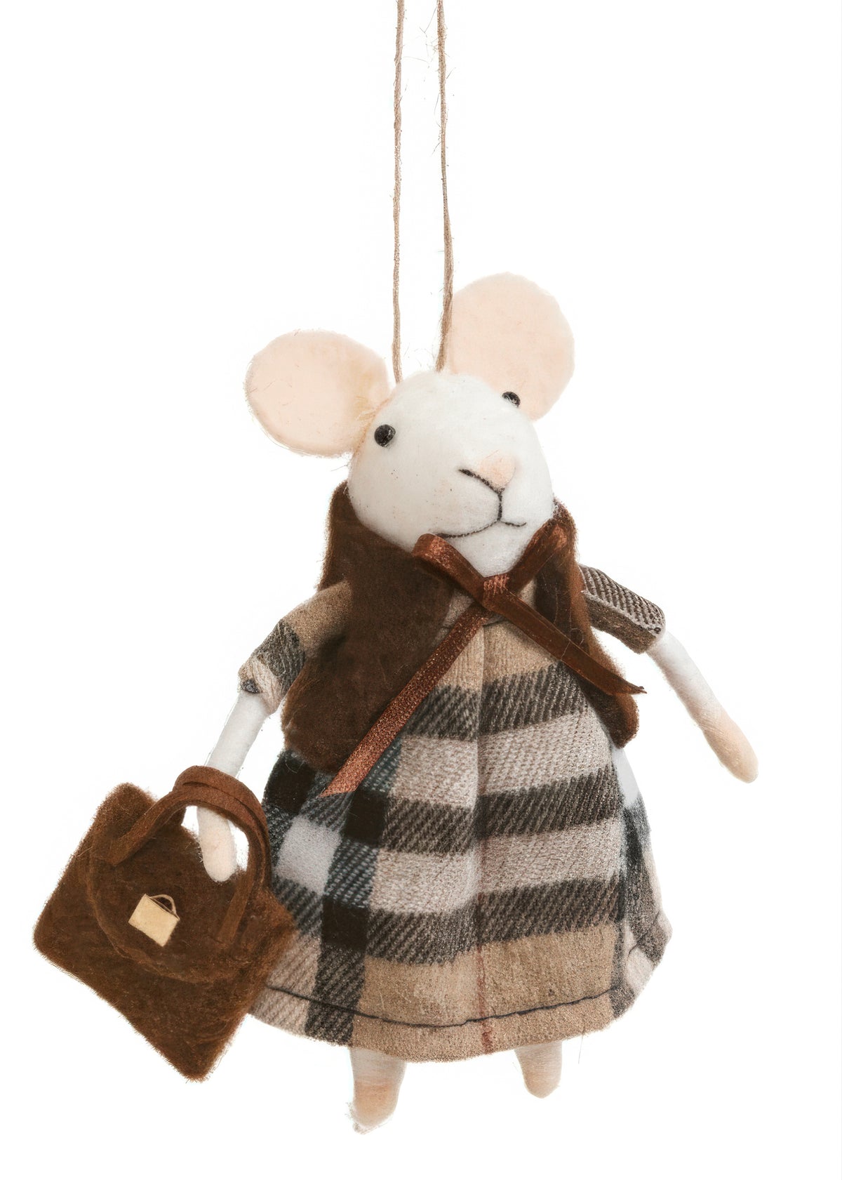 Wool Mouse Ornament with Handbag, The photo shows a white felted mouse ornament in a beige, black and white plaid coat, carrying a small brown handbag with a gold-tone clasp.