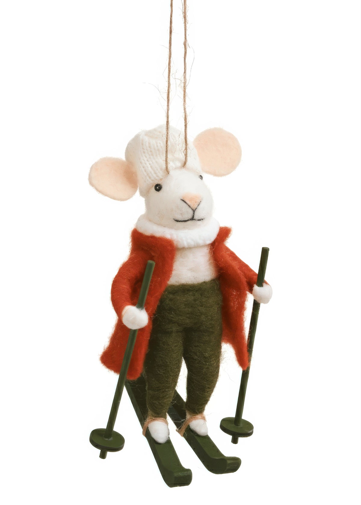 Wool Mouse Skier Ornament, A white felted mouse ornament dressed in a coat, knit hat, and trousers, standing on skis and holding ski poles, hanging from a jute loop.