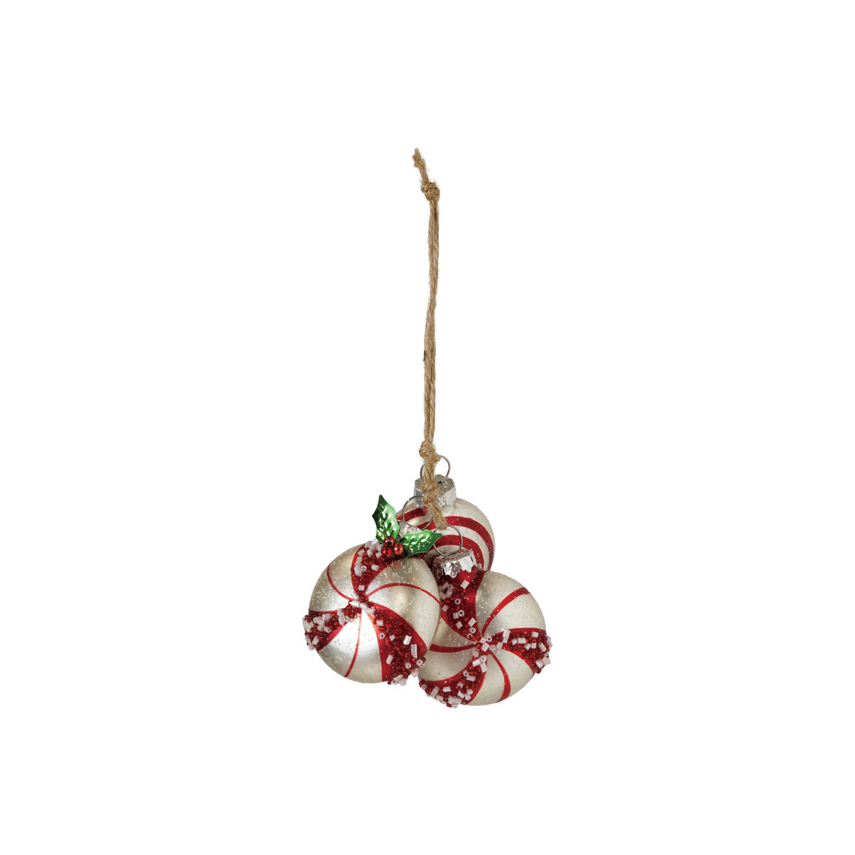 Glass Peppermint Candy Ornament with Glitter and Beads, A cluster of three red and white glittered glass peppermint candy discs tied with a jute hanger and a small faux holly sprig.