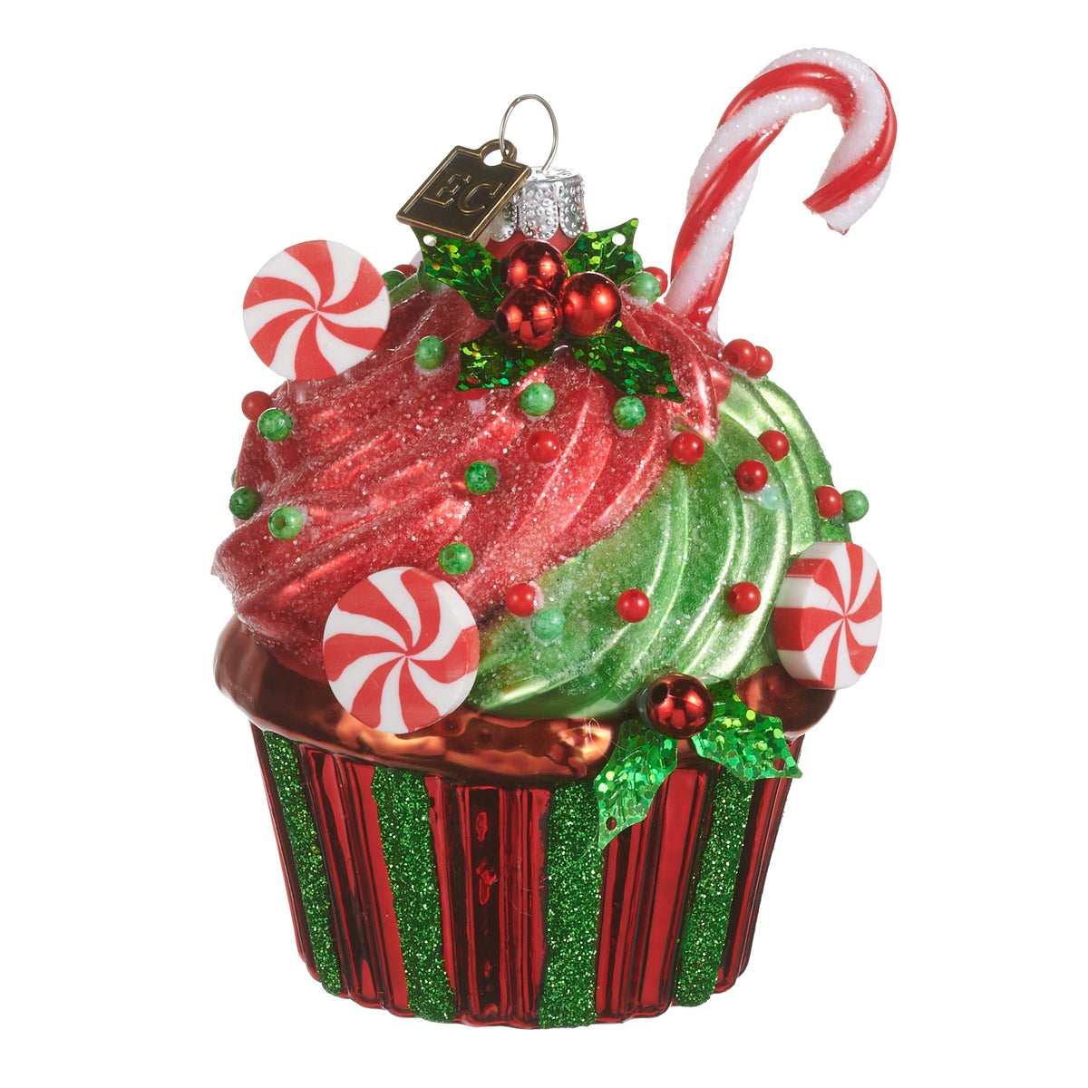 Yuletide Delight Cupcake Ornament, A glass cupcake ornament with red and green swirled frosting topped with peppermints, a candy cane and holly.